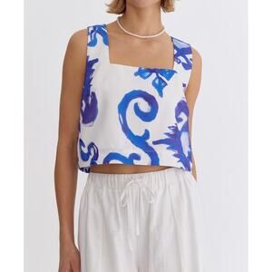 NWT Blue & White Tropical Top Coastal Beachy Resort Size Large